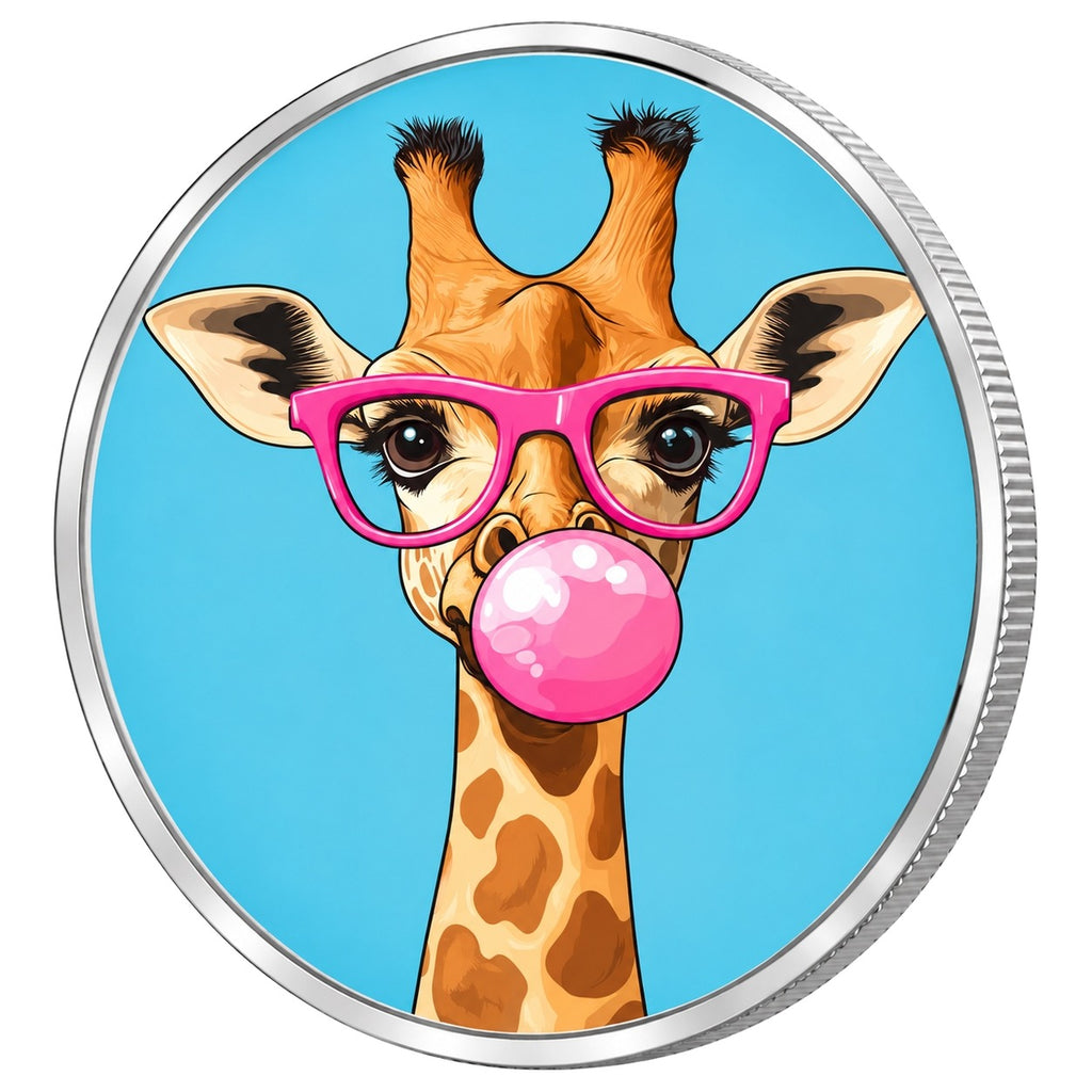 Żyrafa z Gumą Balonową, Ag 999 — srebrny rant monety